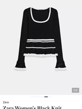 Zara Black Knit Scoop Neck Sweater with White Trim Peplum